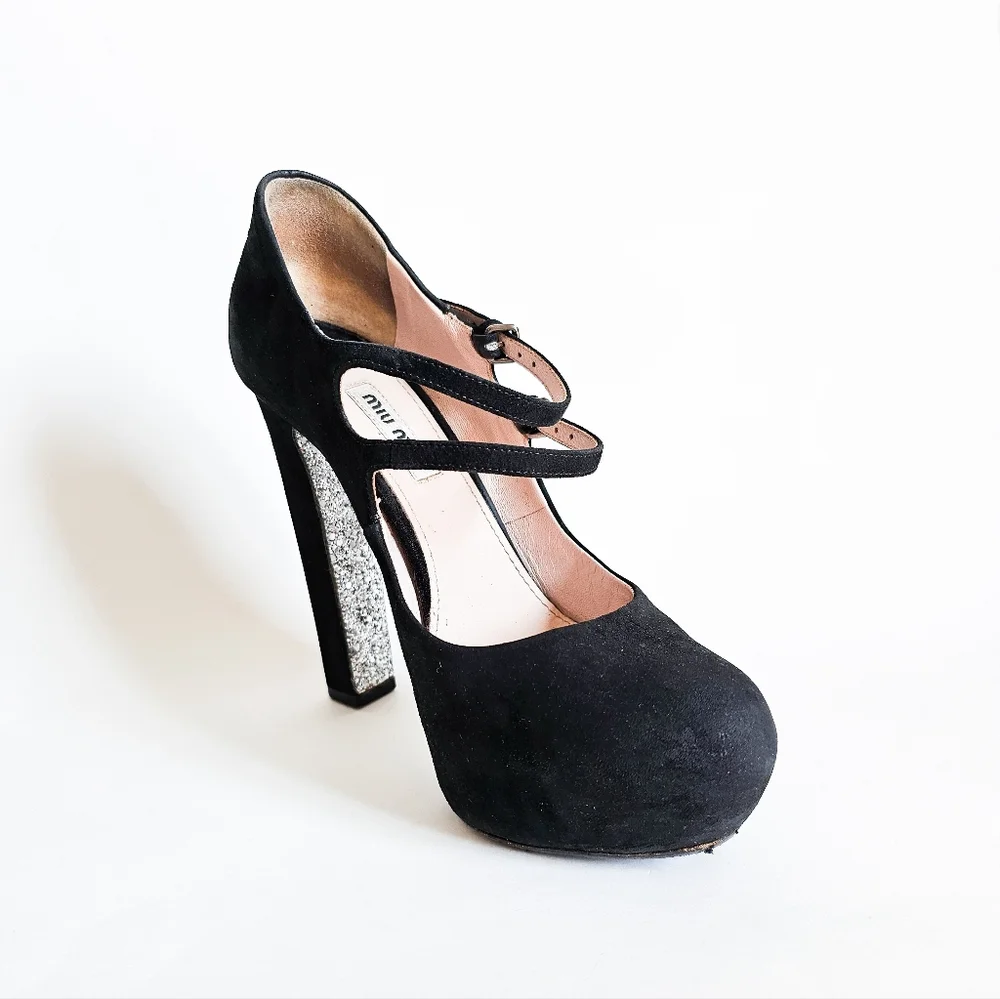 Miu Miu Black Suede Glitter Sole Mary Jane Heels, Size 38 - Picture 1 of 12